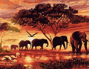 Pintar Por Números - Elefantes Colores Del Atardecer - Figuredart - Animales Elefantes