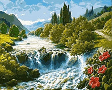 Cargar imagen en el visor de la galería, Pintar Por Números - Flores Rojas En La Cascada - Figuredart - Paisajes