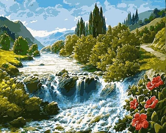 Pintar Por Números - Flores Rojas En La Cascada - Figuredart - Paisajes