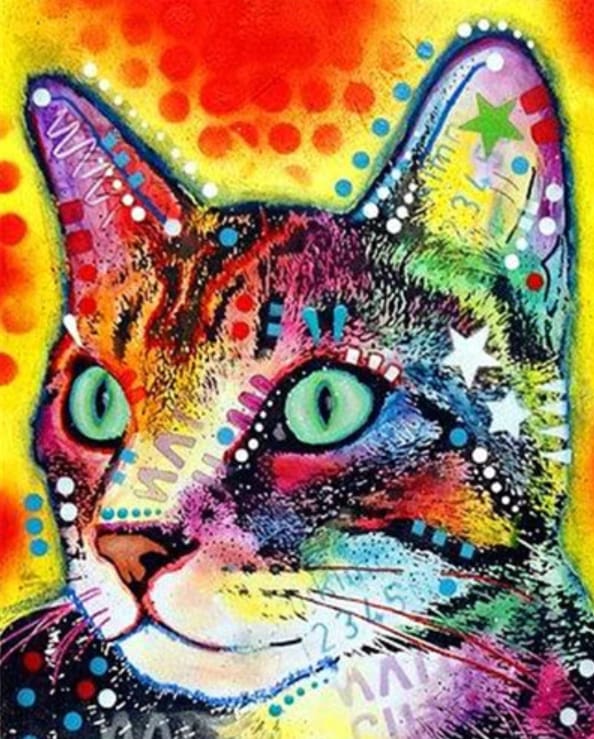 Lienzo con dibujo para pintar con números, de 40x50cm. Diseño gato  multicolor. Incluye pinceles y pinturas necesarias.