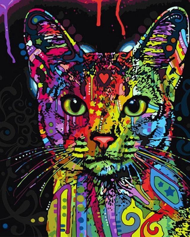 Lienzo con dibujo para pintar con números, de 40x50cm. Diseño gato  multicolor. Incluye pinceles y pinturas necesarias.