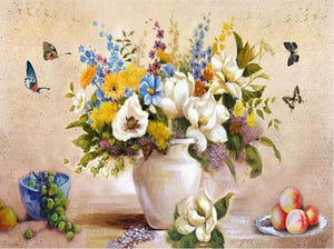 Pintar Por Números - Jarrón Y Mariposa Blanca - Figuredart - Flores Mariposas