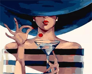 Pintar Por Números - Mujer Con Sombrero Azul Y Cereza - Figuredart - Principiantes Retrato