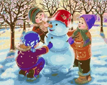 Cargar imagen en el visor de la galería, Pintar Por Números - Navidad Con Tres Niños Que Juegan En La Nieve - Figuredart - Infantil Navidad