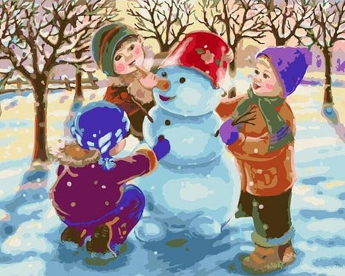 Pintar Por Números - Navidad Con Tres Niños Que Juegan En La Nieve - Figuredart - Infantil Navidad