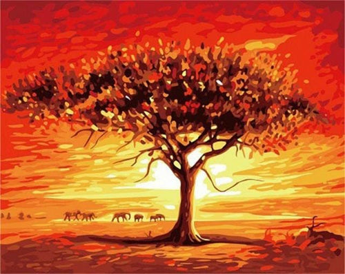 Pintar Por Números - Puesta De Sol Roja Y Árbol Con Elefantes - Figuredart - Animales Elefantes Paisajes Árboles