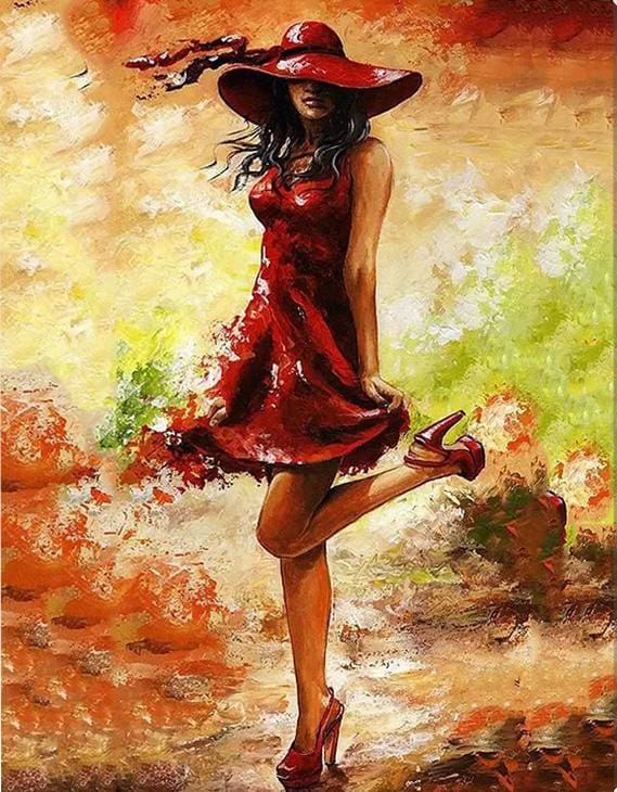 Pintar Por Números - Vestido Y Sombrero Rojo - Figuredart - Baile Romanticismo