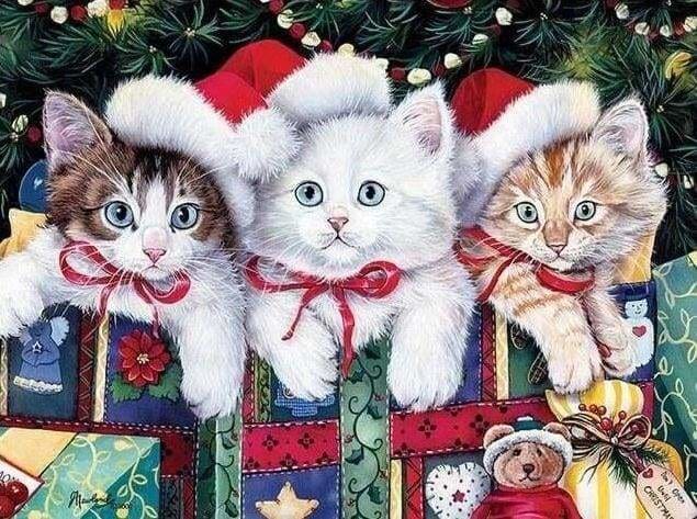 Punto De Cruz Diamante - Punto De Cruz Diamante - Tres Gatitos De Navidad - Figuredart - Gatos Mascotas Navidad Punto De Cruz Diamante